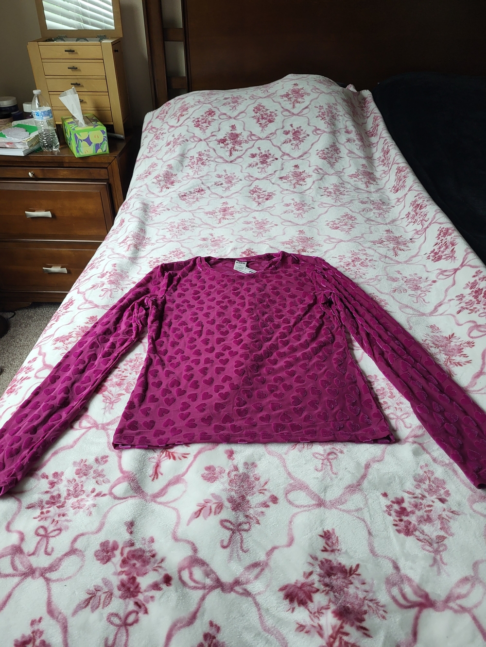 PINK Victoria's Secret Flocked Heart Long Sleeve Top - Magenta